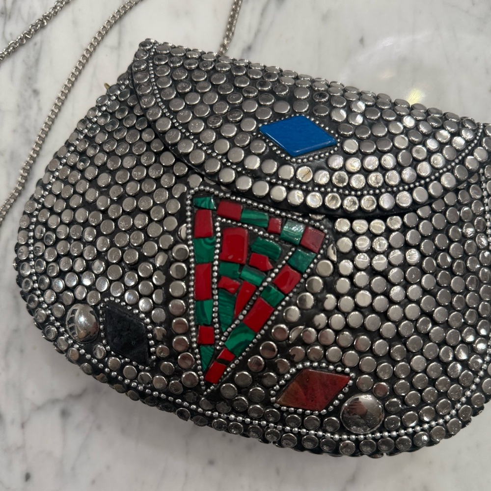 EXCELLENT $235 Ramla Handmade Mosaic Silver Beaded Mini Bag Unique Collectible - Picture 2 of 10